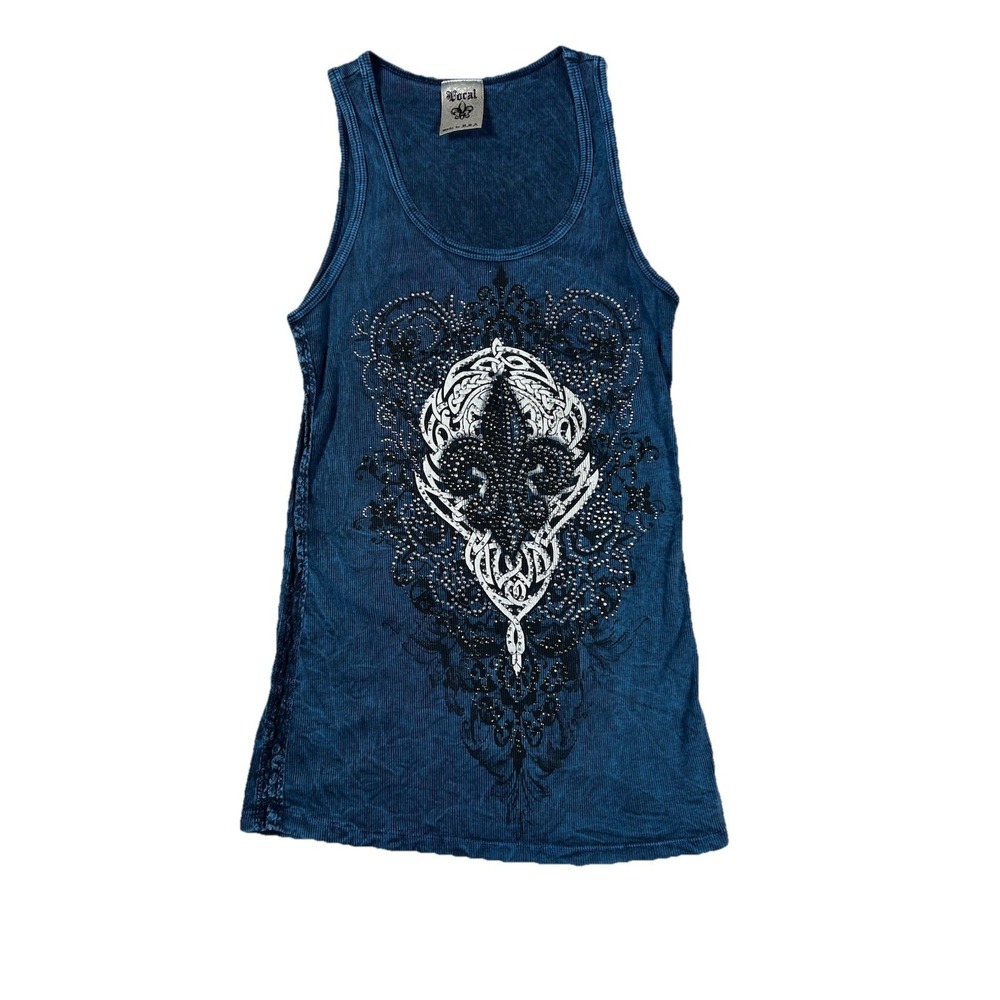 Vocal Crystal Blue Rhinestone Tank Top Spade Skull Women's Large Y2K Grunge